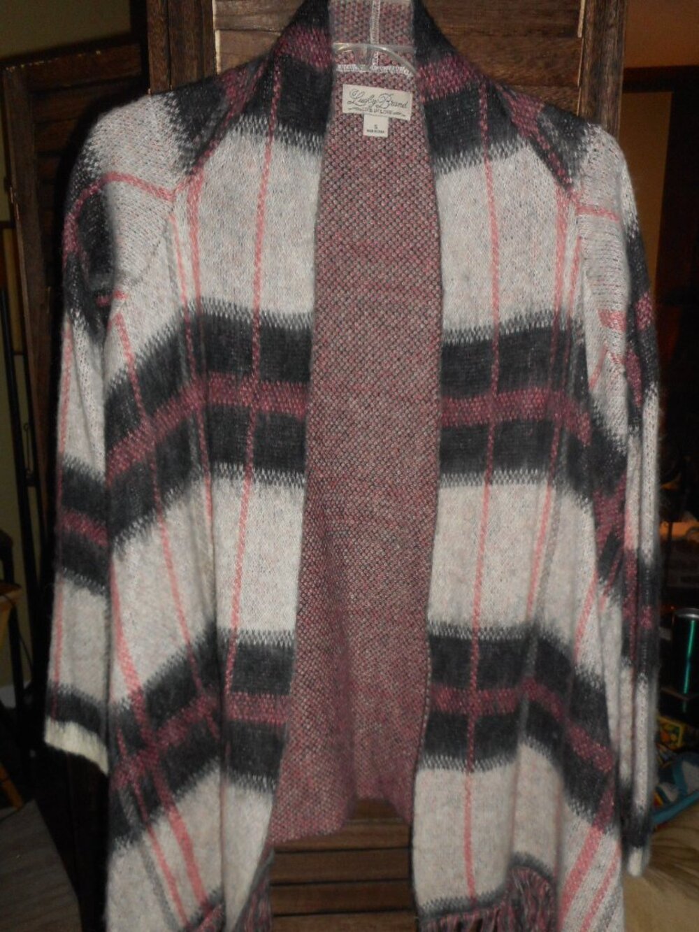 Lucky Brand classic plaid cardigan wrap shawl pink & grey Small